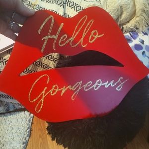 Home decor~ Red wooden lip, "Hello Gorgeous" in gold glitter